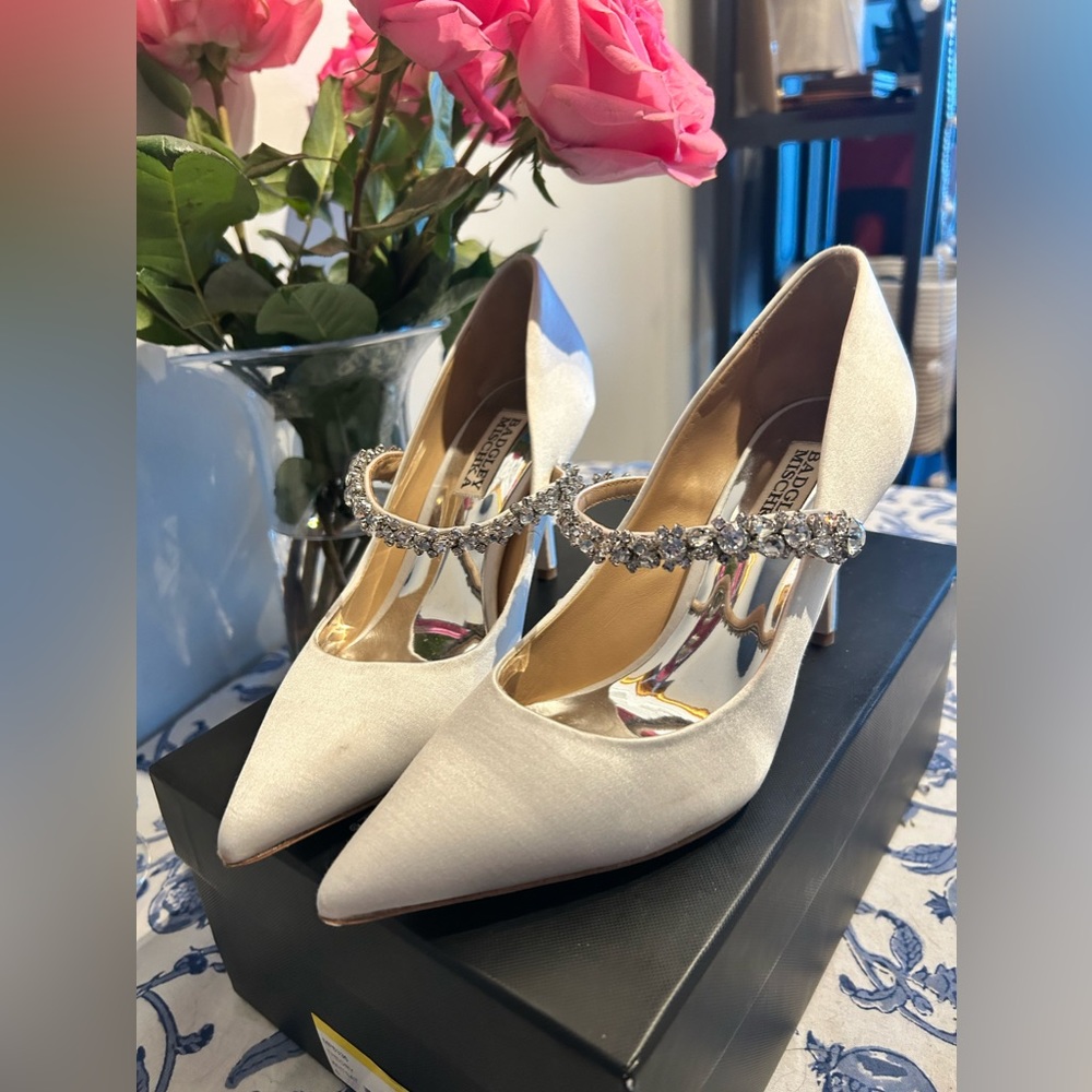 Badgley Mischka Women Stiletto Pointed Toe Dress Pump Cream Jewel 6 (lot 989)